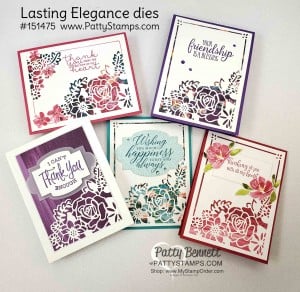 Lasting Elegance dies card ideas featuring Stampin Up Sale-a-Bration Lily Impressions DSP behind the die cut openings. So Sentimental Bundle greetings and die cut labels. www.PattyStamps.com