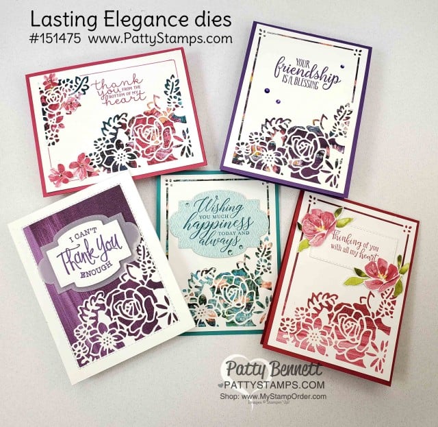 Lasting Elegance dies card ideas featuring Stampin Up Sale-a-Bration Lily Impressions DSP behind the die cut openings. So Sentimental Bundle greetings and die cut labels. www.PattyStamps.com