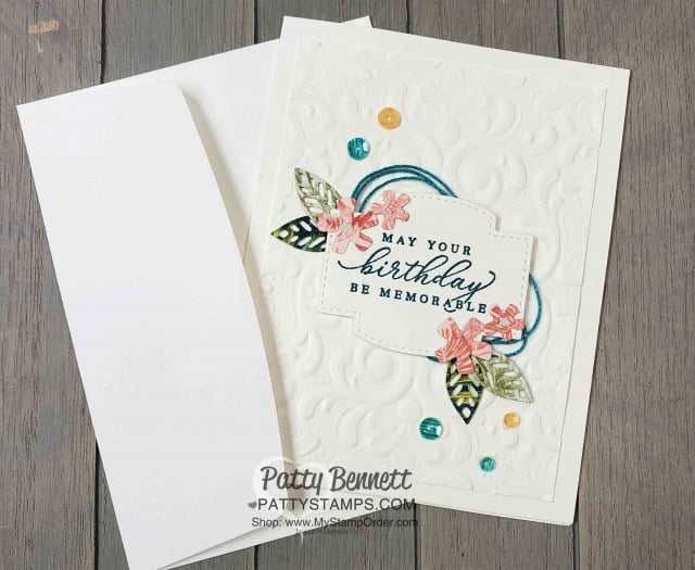 Parisian Flourish embossing folder card idea featuring Tropical Oasis designer paper and In the Tropics dies from Stampin' UP. www.PattyStamps.com
