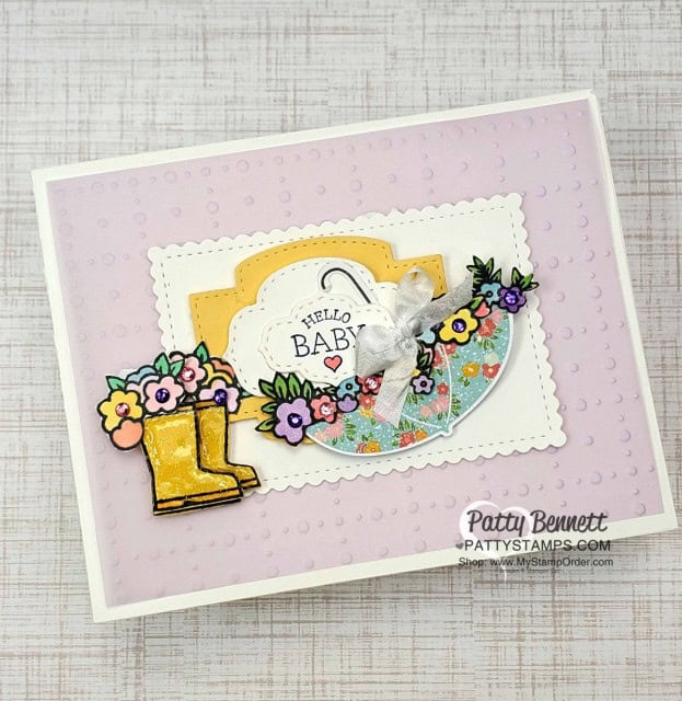 Pleased as Punch designer paper from Stampin Up - Baby Shower Card Idea featuring Under My Umbrella bundle. www.PattyStamps.com