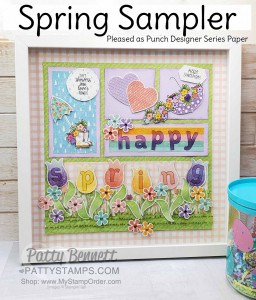 Spring Sampler - 12x12 - featuring Stampin Up Pleased as Punch designer paper, Umbrella punch, heart punch, Small Bloom Punch, Under my Umbrella set and lined alphabet. www.PattyStamps.com