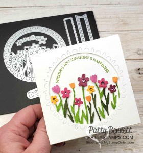 Square Card featuring Stampin Up Sending Flowers dies and Honey Bee stamp set. Flowers colored with Stampin Blends markers. www.PattyStamps.com