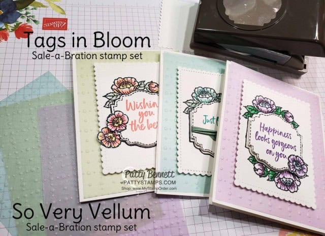 Stampin Up Sale-a-Bration 2020 So Very Vellum gift with purchase! Comes in a pack of 3 colors, preembossed! Great for spring cards! Tags in Bloom set is also a Sale-a-Bration gift offering. www.PattyStamps.com