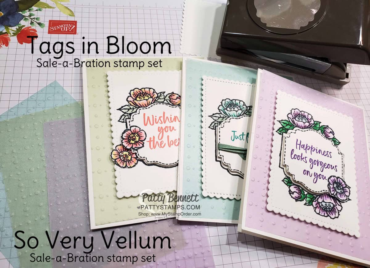 Stampin Up Sale-a-Bration 2020 So Very Vellum gift with purchase! Comes in a pack of 3 colors, preembossed! Great for spring cards! Tags in Bloom set is also a Sale-a-Bration gift offering. www.PattyStamps.com