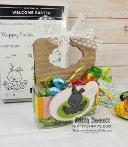 Easter Bunny Treat box featuring Stampin UP Welcome Easter set, Pleased as Punch designer paper and 1 Acetate card box cut in half! www.PattyStamps.com
