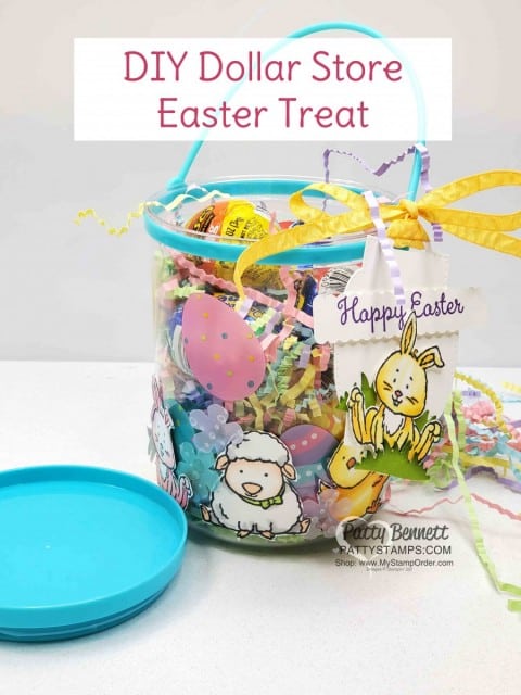 DIY Easter Treat Basket from the Dollar Store! Stampin' UP! Welcome Easter stamp set colored with Stampin Blends markers. by Patty Bennett www.PattyStamps.com