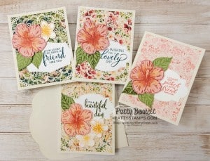 Bird Ballad Laser Cut Card ideas featuring Stampin Up Tropical Oasis designer paper and Timeless Tropical hibiscus stamp by Patty Bennett www.PattyStamps.com