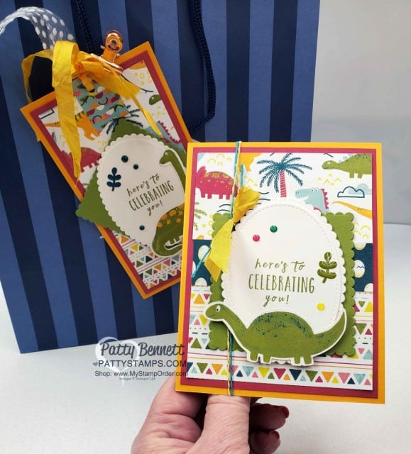 Dinoroar Birthday Card and matching Bag Tag featuring Stampin' Up! designer paper. www.PattyStamps.com
