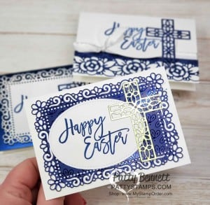 Stampin Up Easter Card Idea featuring Noble Peacock foil, Easter Promise set, and Ornate Layers dies by Patty Bennett www.PattyStamps.com