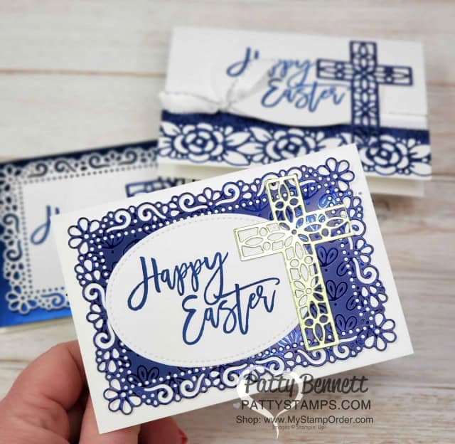 Stampin Up Easter Card Idea featuring Noble Peacock foil, Easter Promise set, and Ornate Layers dies by Patty Bennett www.PattyStamps.com