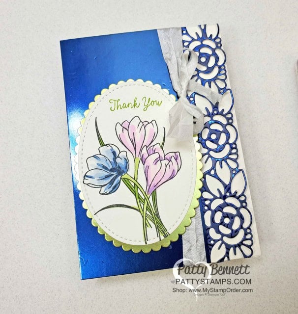 Noble Peacock Note Card featuring Stampin' Up! Ornate Borders dies and Easter Blessings stamp set. Cards by Patty Bennett www.PattyStamps.com