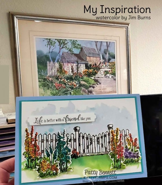 Grace's Garden stamp set card idea, inspired by Watercolor Painting by Jim Burns. Card by Patty Bennett www.PattyStamps.com