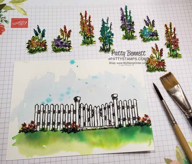 How I watercolored the Stampin Up Grace's Garden fence and flowers card, by Patty Bennett www.PattyStamps.com