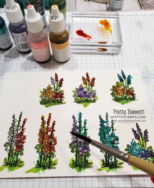 How I watercolored the Stampin Up Grace's Garden fence and flowers card, by Patty Bennett www.PattyStamps.com