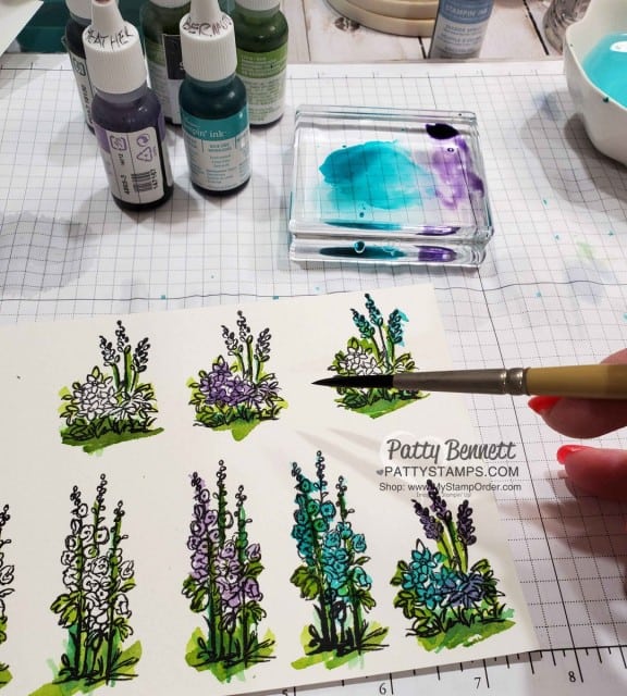 How I watercolored the Stampin Up Grace's Garden fence and flowers card, by Patty Bennett www.PattyStamps.com