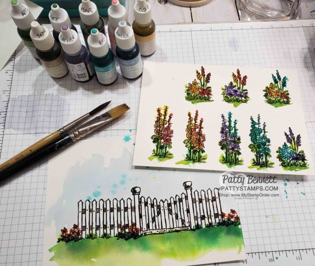 How I watercolored the Stampin Up Grace's Garden fence and flowers card, by Patty Bennett www.PattyStamps.com