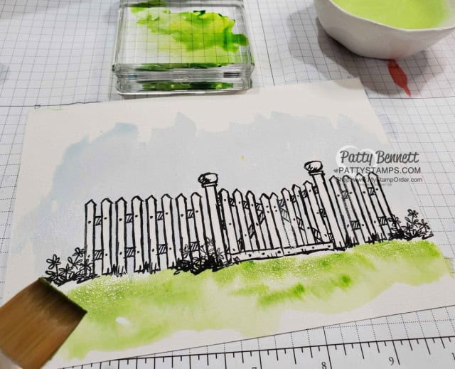 How I watercolored the Stampin Up Grace's Garden fence, gate and flowers card, by Patty Bennett www.PattyStamps.com