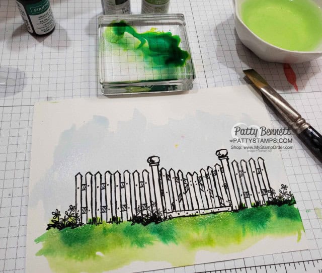 How I watercolored the Stampin Up Grace's Garden fence, gate and flowers card, by Patty Bennett www.PattyStamps.com