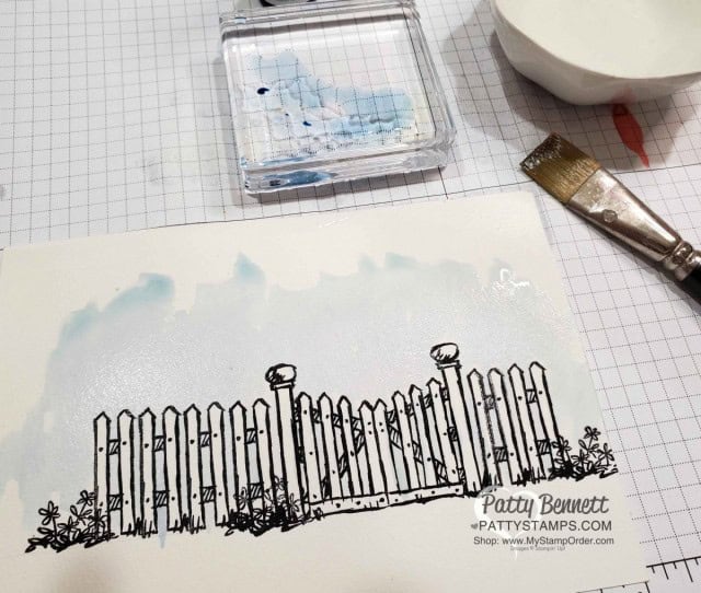 How I watercolored the Stampin Up Grace's Garden fence, gate and flowers card, by Patty Bennett www.PattyStamps.com