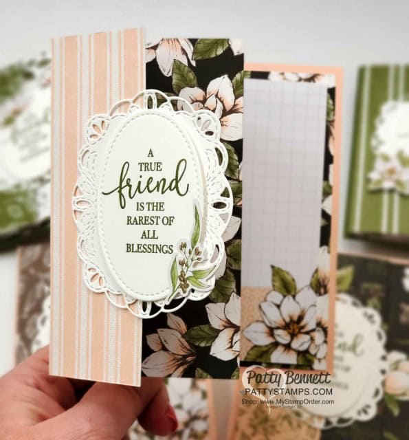 Stampin Up Magnolia Lane designer paper fun fold card idea featuring Stitched Label dies and Rare Blessings stamp set. www.PattyStamps.com