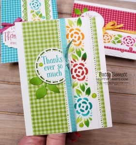 Thank You Card Idea featuring Ornate Borders dies and Gingham designer paper with stenciled design using sponge daubers and ink pads. Cardmaking supplies from Stampin' Up!. www.pattystamps.com