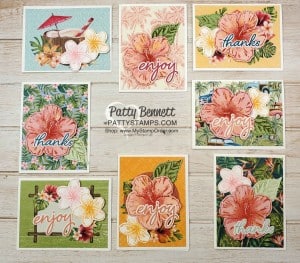Tropical Oasis Memories & More card ideas featuring Stampin Up Timeless Tropical hibiscus flower watercolored with Wink of Stella. www.PattyStamps.com