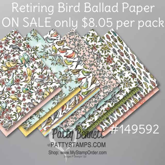 Bird Ballad designer paper - retiring from the Stampin' Up! catalog and ON Sale only $8.05 a pack while supplies last. #149592 www.PattyStamps.com