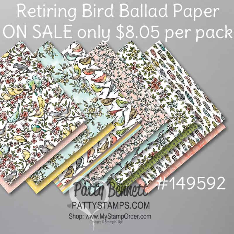 Bird Ballad designer paper - retiring from the Stampin' Up! catalog and ON Sale only $8.05 a pack while supplies last. #149592 www.PattyStamps.com
