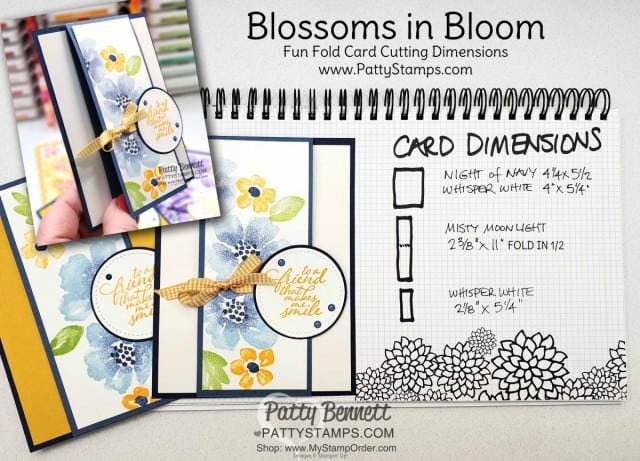Cutting Dimensions  for Blossoms in Bloom stamp set from Stampin Up #152684 stamped with the Stamparatus with ink pads and sponge daubers. cards by Patty Bennett www.PattyStamps.com