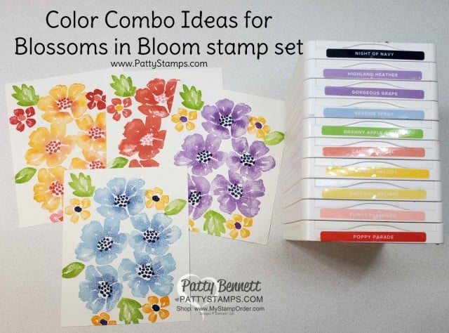 Color Combo Ideas for the Blossoms in Bloom Stampin Up stamp set #152684, cards by Patty Bennett www.PattyStamps.com