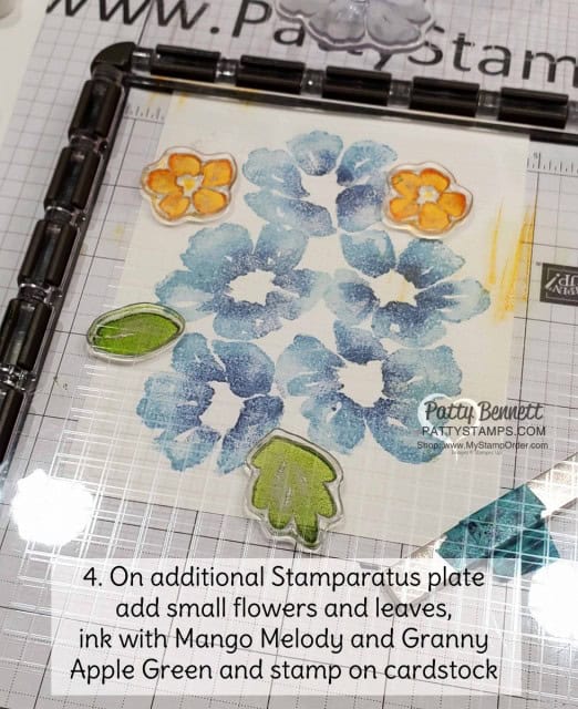 Blossoms in Bloom stamp set from Stampin Up #152684 stamped with the Stamparatus with ink pads and sponge daubers. cards by Patty Bennett www.PattyStamps.com
