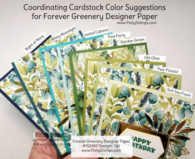 Coordinating blue and green Stampin Up cardstock colors for the Forever Greenery designer paper cards featuring Forever Gold Laser-Cut paper by Patty Bennett www.PattyStamps.com