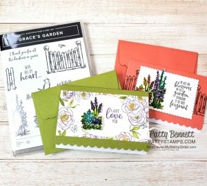 Grace's Garden Stampin Up set Scalloped Note Card ideas by Patty Bennett featuring Best Dressed designer paper www.PattyStamps.com