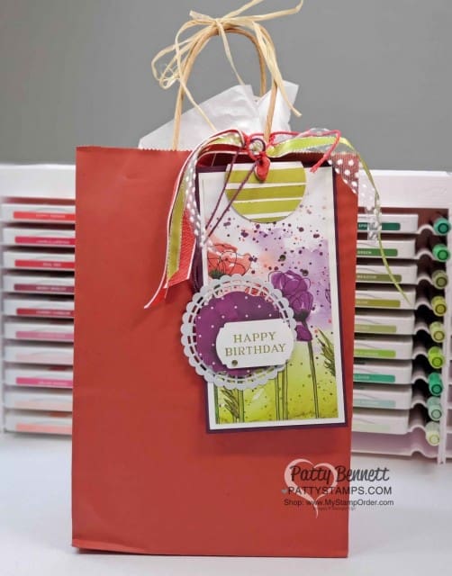 Peaceful Poppies designer paper birthday gift bag tag idea. www.PattyStamps.com