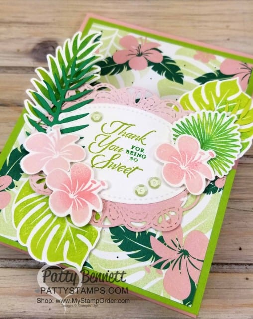 Tropical Chic Fun Fold Easel card featuring Stampin' Up! Tropical Chic leaf and flower stamps and dies.  www.PattyStamps.com