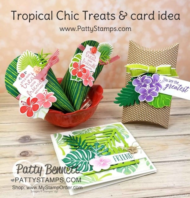 Tropical Chic pillow box, Treats and square card featuring Stampin' Up! Tropical Chic leaf and flower stamps and dies.  www.PattyStamps.com