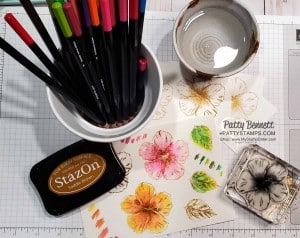Timeless Tropical bundle from the Stampin Up Tropical Oasis suite hibiscus flower stamped with Brown StazOn ink pad and colored with watercolor pencils. www.PattyStamps.com