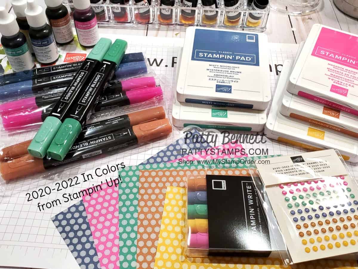 2020 2022 Stampin Up In Color collection of ink pads, markers, Stampin Blends, designer paper, enamel dots available from www.PattyStamps.com