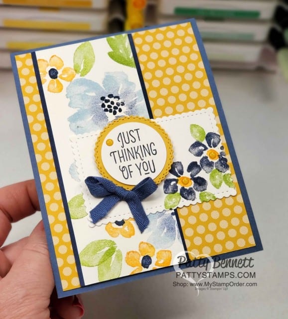 Blossoms in Bloom floral card featuring Stampin Up Bumblebee and Misty Moonlight 2020 2022 IN Colors, by Patty Bennett www.PattyStamps.com
