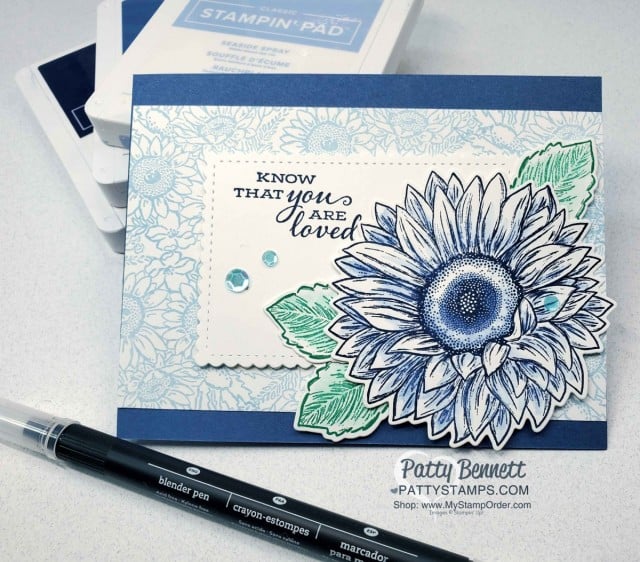 Use a Blender Pen to shade ink on this blue sunflower card featuring Celebrate Sunflowers bundle from Stampin UP!. by Patty Bennett www.PattyStamps.com