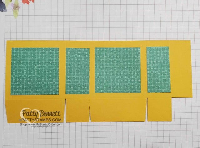 Dimensions for Mini Box featuring Stampin' Up! Celebrate Sunflowers bundle, Bumblebee cardstock, and Just Jade designer paper by Patty Bennett www.PattyStamps.com
