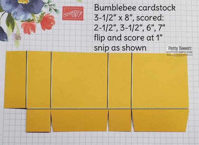 Dimensions for Mini Box featuring Stampin' Up! Celebrate Sunflowers bundle, Bumblebee cardstock, and Just Jade designer paper by Patty Bennett www.PattyStamps.com