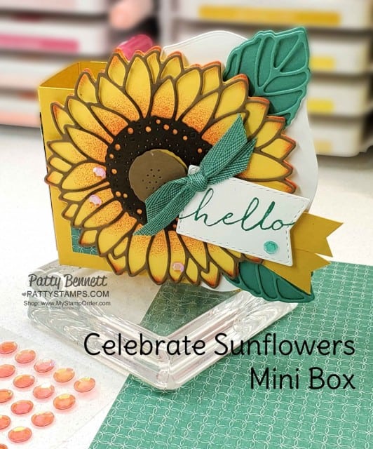 Mini Box featuring Stampin' Up! Celebrate Sunflowers bundle, Bumblebee cardstock, and Just Jade designer paper by Patty Bennett www.PattyStamps.com