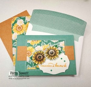 Stampin' UP! Memories & More cards and envelopes in Just Jade. Celebrate Sunflowers colored with Stampin' Blends markers, and Flowers for Every Season designer paper, by Patty Bennett www.PattyStamps.com