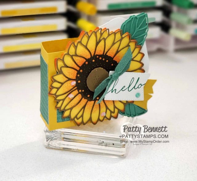 Mini Box featuring Stampin' Up! Celebrate Sunflowers bundle, Bumblebee cardstock, and Just Jade designer paper by Patty Bennett www.PattyStamps.com