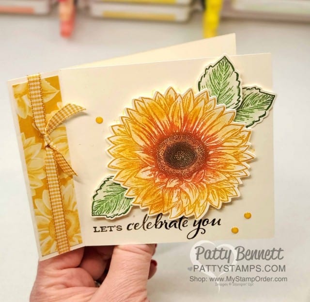 Celebrate Sunflower side fold card. Sponge ink direct to rubber and blend with Blender Pen. by Patty Bennett www.pattystamps.com