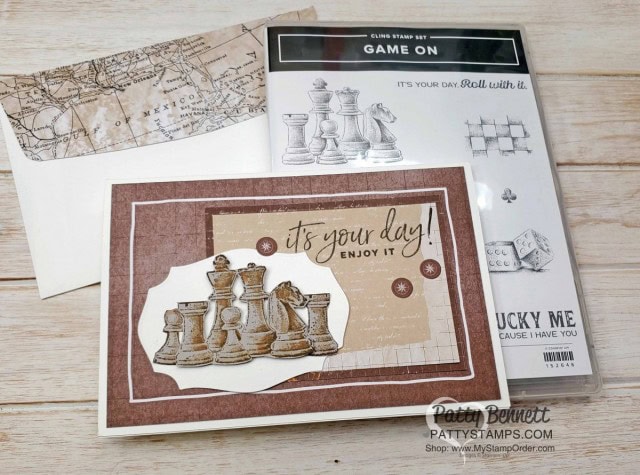Chess pieces from the Game On set colored with Stampin' Blends markers from Stampin' Up! paired with the World of Good suite. www.PattyStamps.com