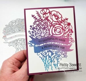 Stampin Up Hand-Drawn Blooms bundle card idea featuring Artistry Blooms designer paper and Adhesive Sheets. by Patty Bennett www.pattystamps.com