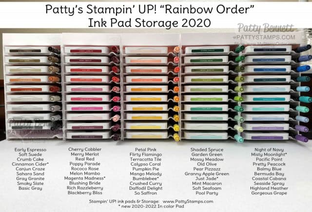 Stampin Up ink pad storage in rainbow order featuring new 2020-2022 In Colors. Stampin' Up ink pad holders. www.PattyStamps.com