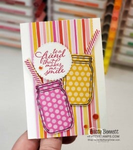 Jar of Flowers bundle from Stampin' UP!: Mason Jar pink and yellow lemonade card idea with straw and In Color polkadot paper. www.PattyStamps.com